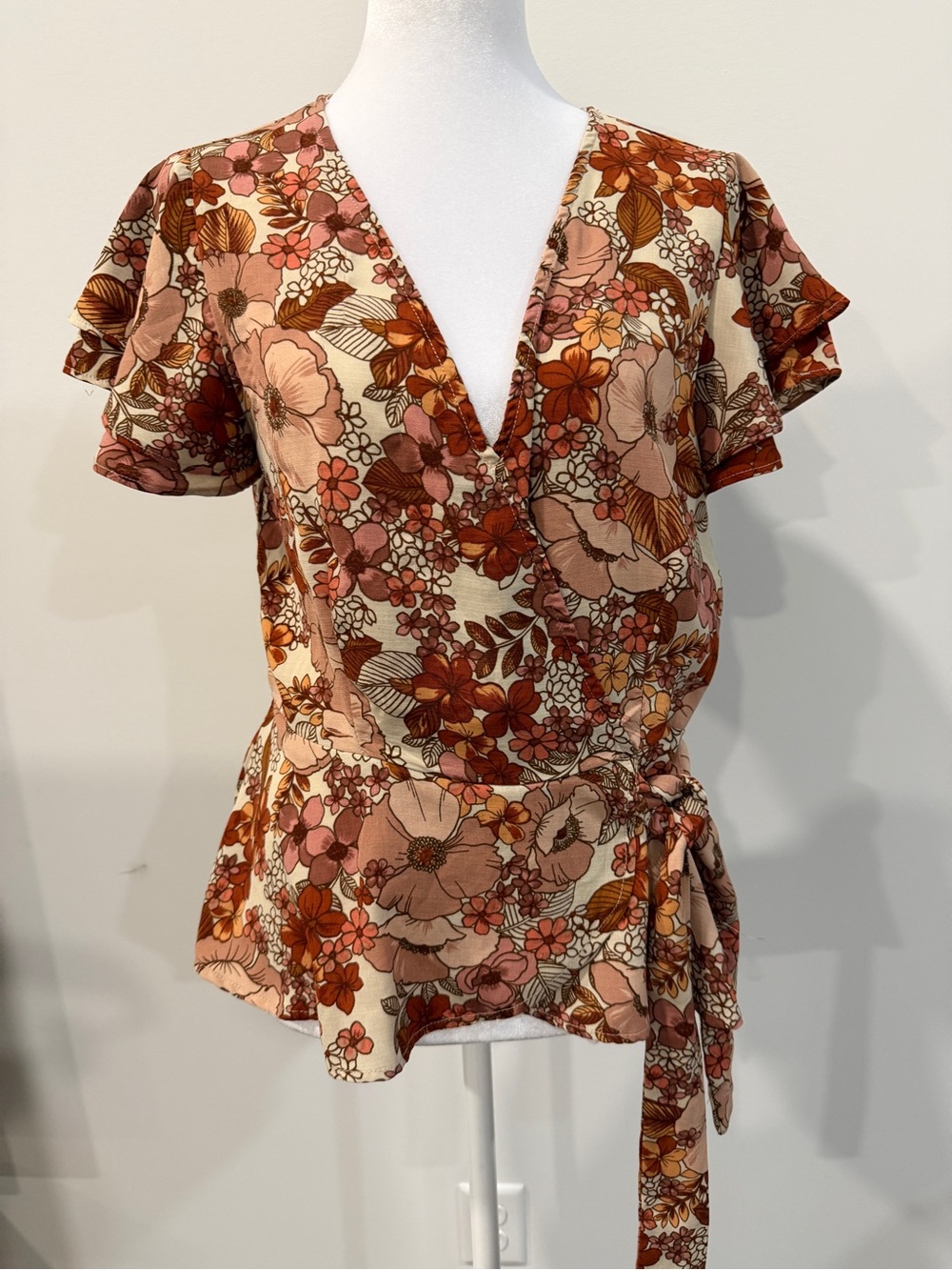 meraki Floral Wrap Peplum Top - Pink & Brown & Cream